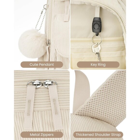 Cute Beige Corduroy Backpack for Girls - 15.6 Inch, Lightweight & Functional - Picture 4 of 6
